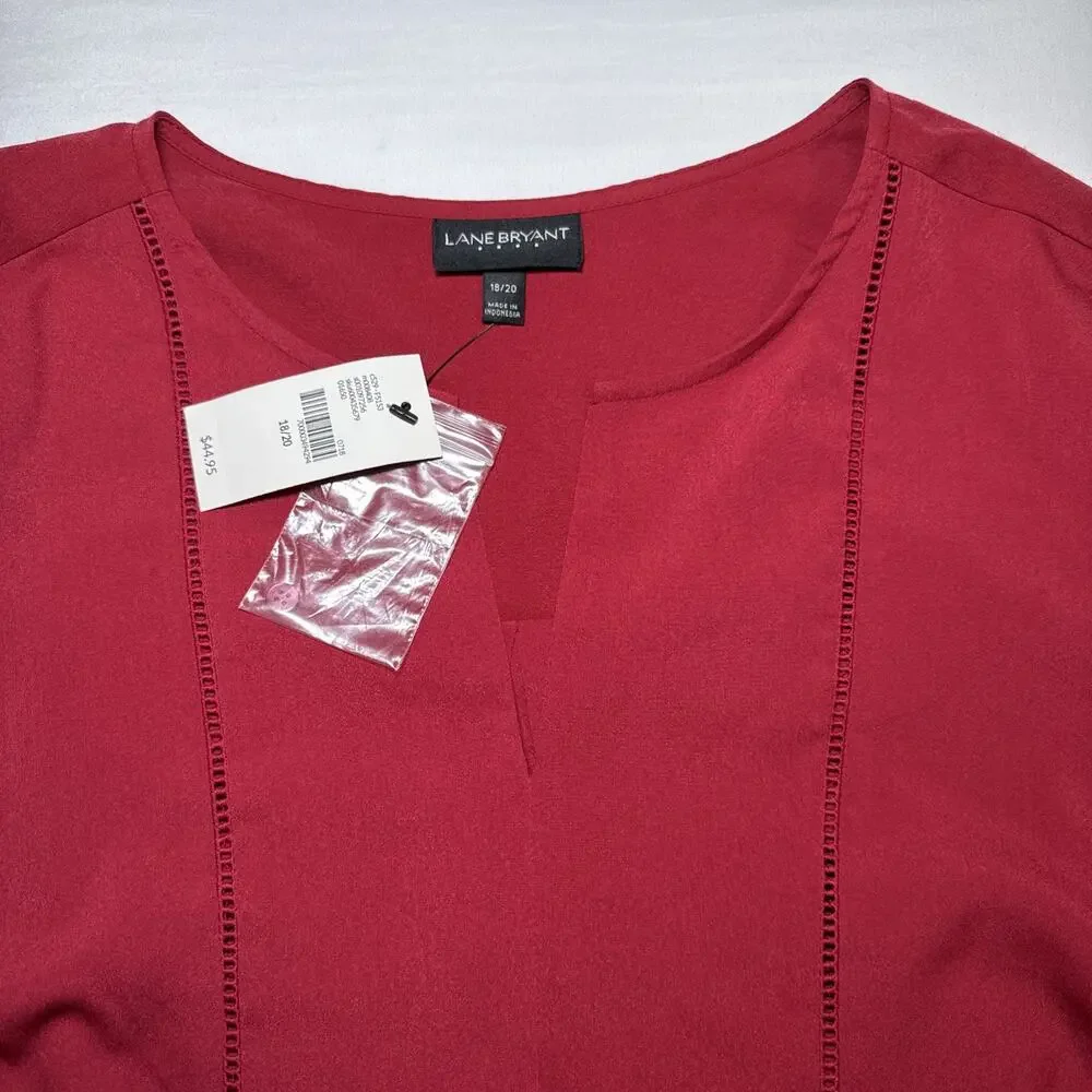 Lane Bryant Blouse Womens 18/20 Maroon Shirt Long Sleeve Embroidered Eyelet NWT